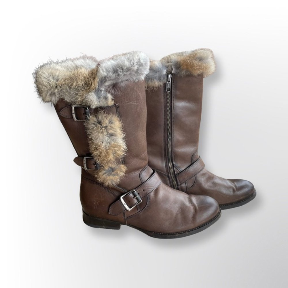 FRYE Jamie Lux Genuine Rabbit Fur Lined Brown Leather Moto Boots 9